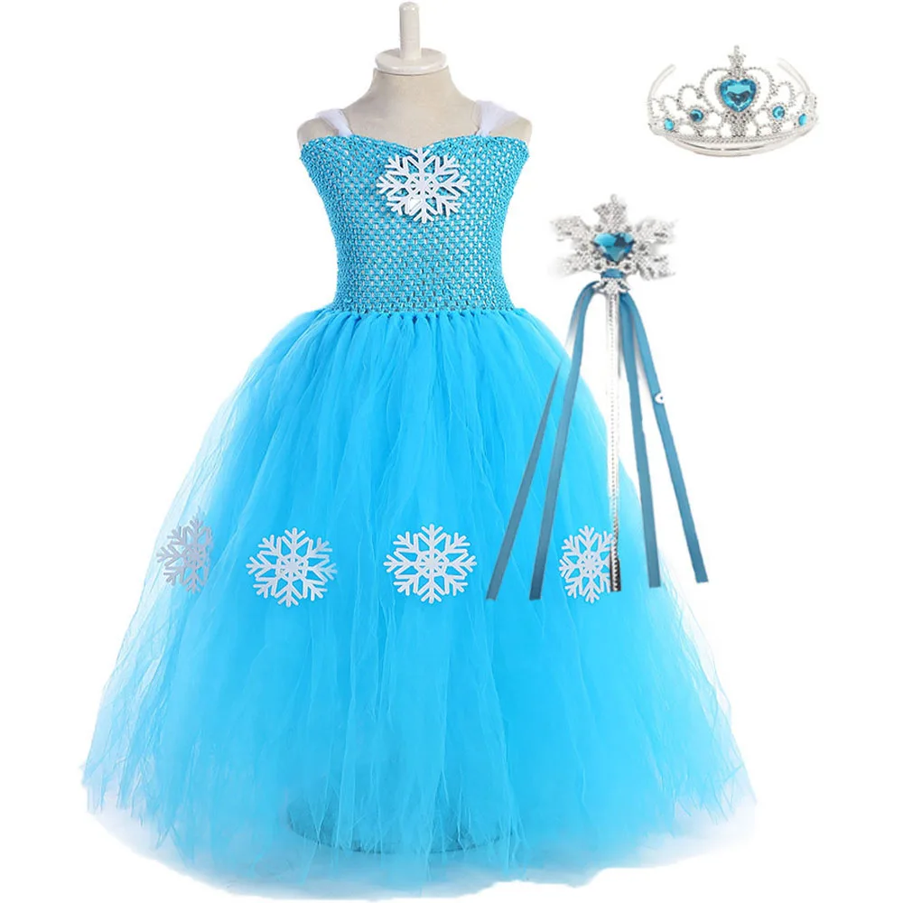 Elsa Dress Set Голубое платье Снежной Королевы Эльзы для девочек Карнавальный костюм принцессы для детей, рождественское платье для девочек детское праздничное платье пачка со снежинками - Цвет: Elsa Dress Set