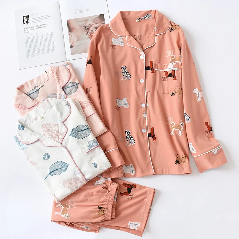 Хлопковый трикотажный жакет, Женский пижамный комплект с длинным рукавом и штанами, весенне-осенняя тонкая Домашняя одежда, одежда для сна