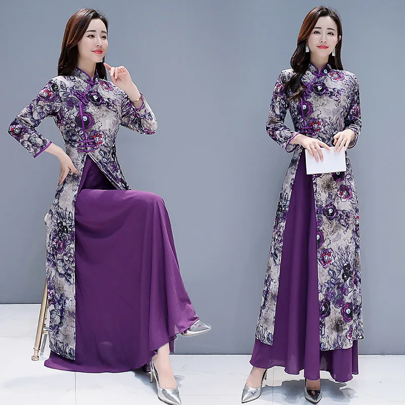 

Large size M-4XL2019 spring new women's dress fashion Slim national wind cheongsam purple dress high quality elegant vestido
