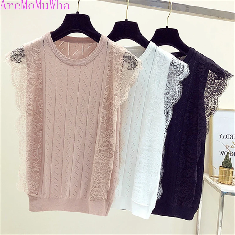 

AreMoMuWha New Fashion Summer Hollow Out Ice Silk Vest Women OL Sleeveless Knitted T-Shirt O-Neck Patchwork Lace Tops Tees Mw028