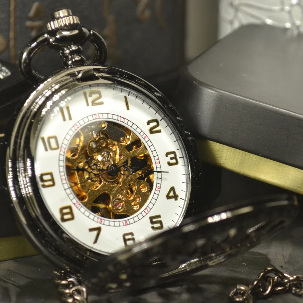Роскошные черные Ретро антикварные Механические карманные часы-скелетоны