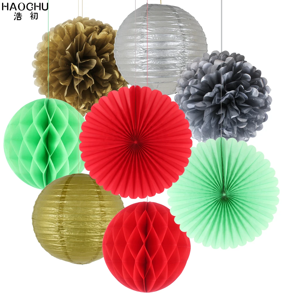 8pcs/Set Round Chinese Paper Lanterns Gold Silver Tissue Paper Honeycomb Balls Wedding Flower Birthday Party Hanging Decorations