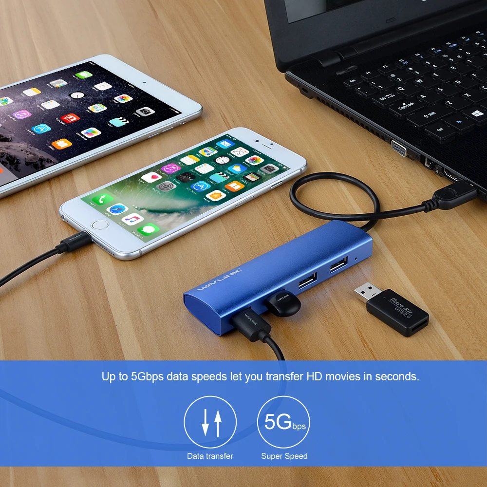 Высокоскоростной usb-хаб Wavlink 3 0 4 порта алюминиевый сплав 5 Гбит/с мульти Usb