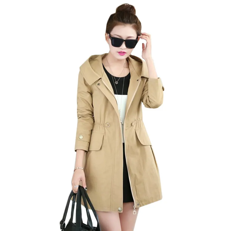 Ветровка женская 2017 Весна Осень пальто средней длины с капюшоном большой размер