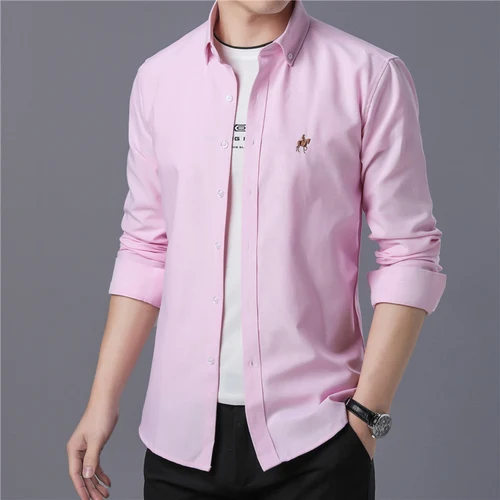 Рубашка мужская Длинный рукав Оксфорд ткань slim fit дыхание comfrotable качество модные бизнес мужские повседневные рубашки - Цвет: Pink