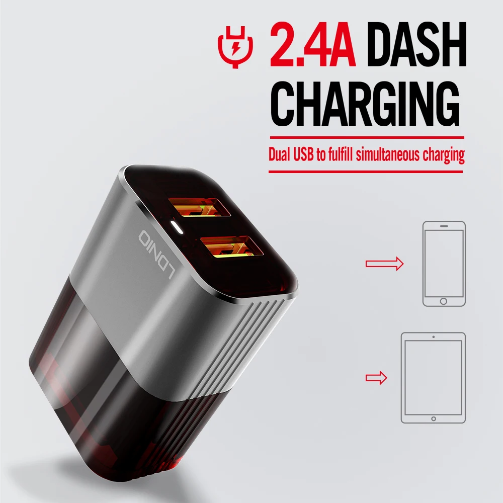 LDNIO A2206 2.4A США штекер серый и красный двойной USB Путешествия A. C. Источник мини