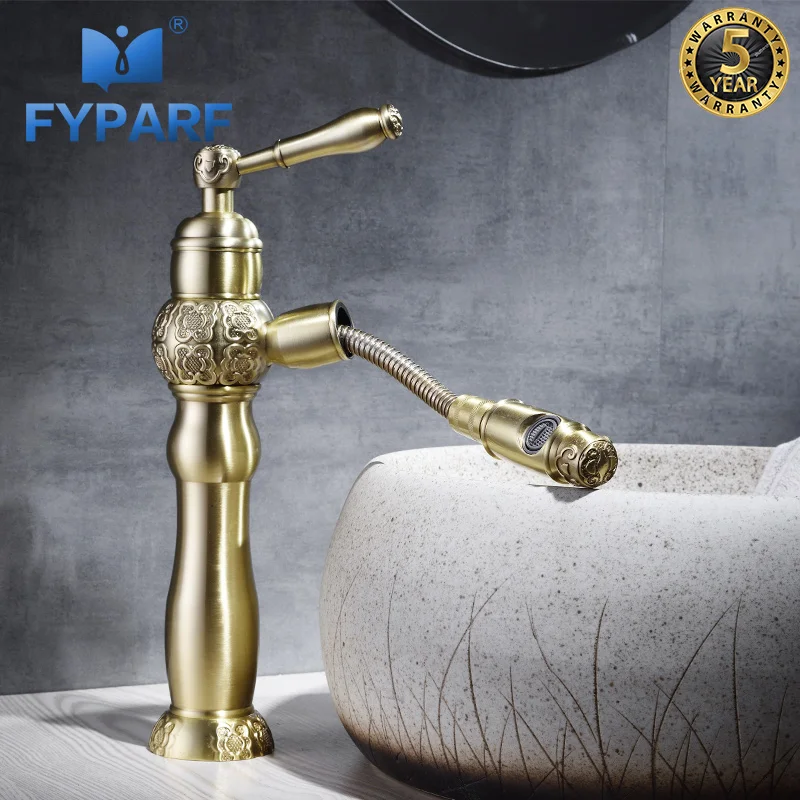 

FYPARF Water Mixer Sink Faucet Pull Out Bathroom Faucet Single Handle Brass Cold and Hot Gold Brass Basin Mixer Bathroom Taps