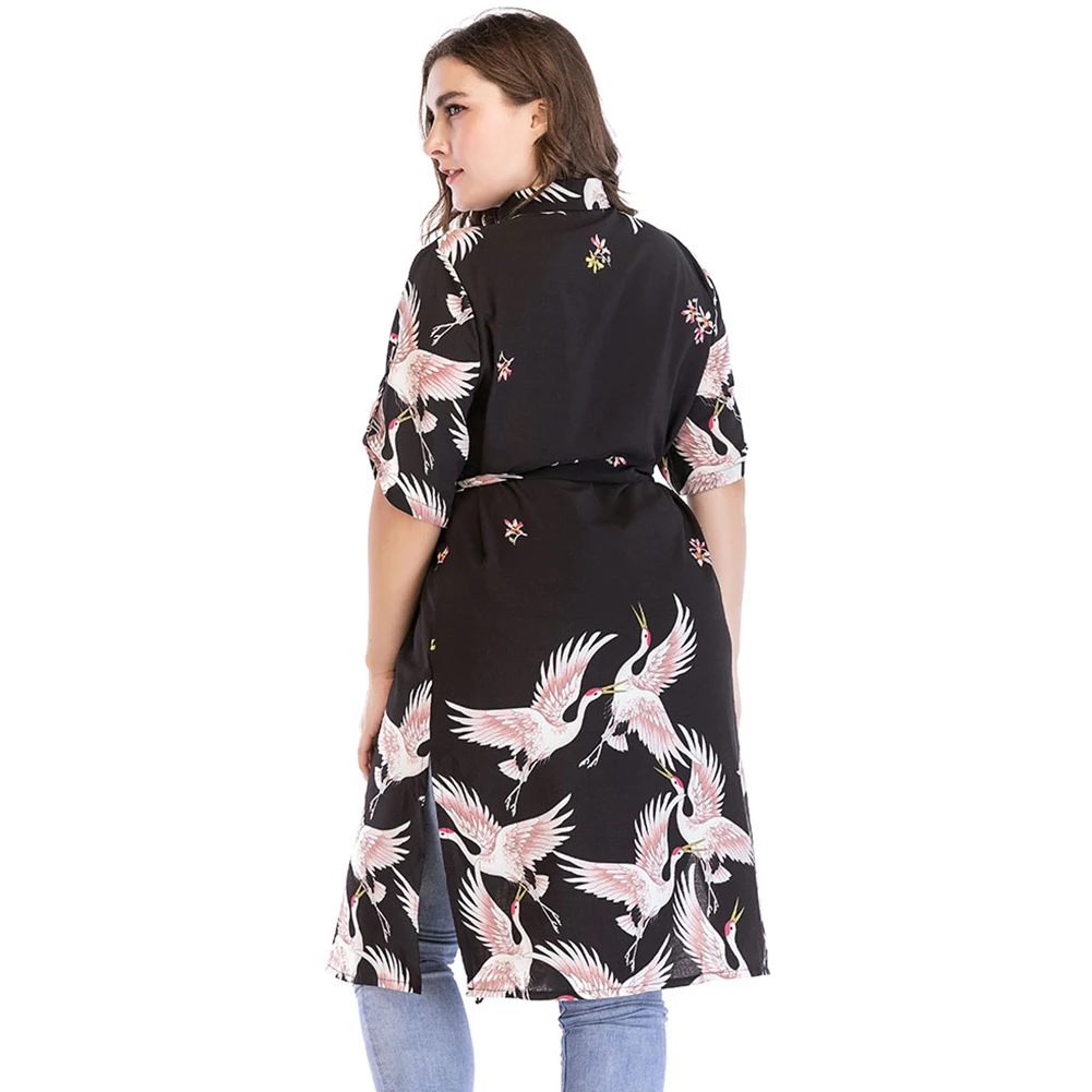 Платье Romacci женское с отложным воротником рубашка принтом птиц рукавом до локтя