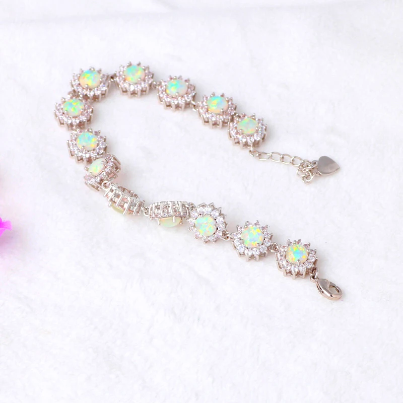 Оптовая цена CZ Шарм Браслеты Белый огненный опал Серебро штампованные красивые