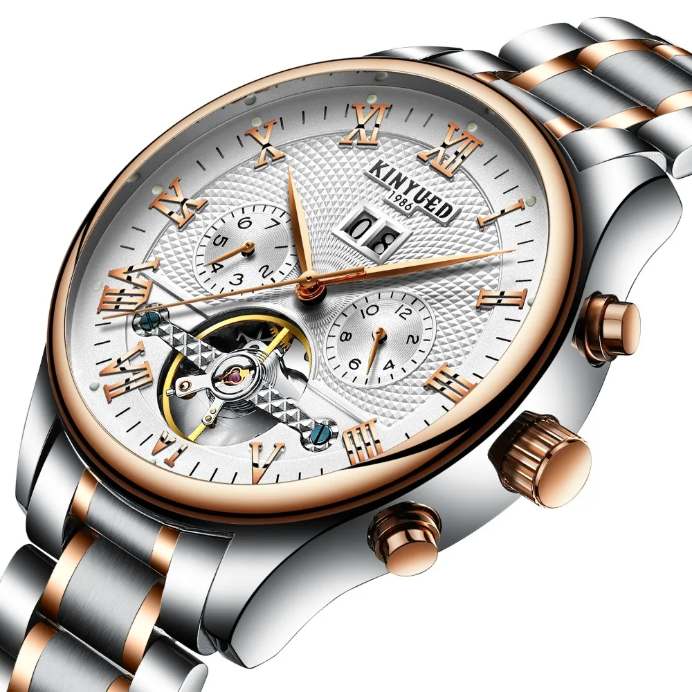 Мужские часы KINYUED Skeleton автоматические водонепроницаемые механические Flying Tourbillon