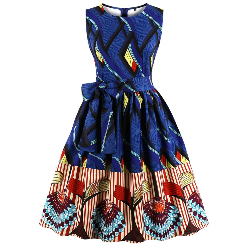 Женское винтажное платье Joineles с национальным принтом поясом круглым вырезом без