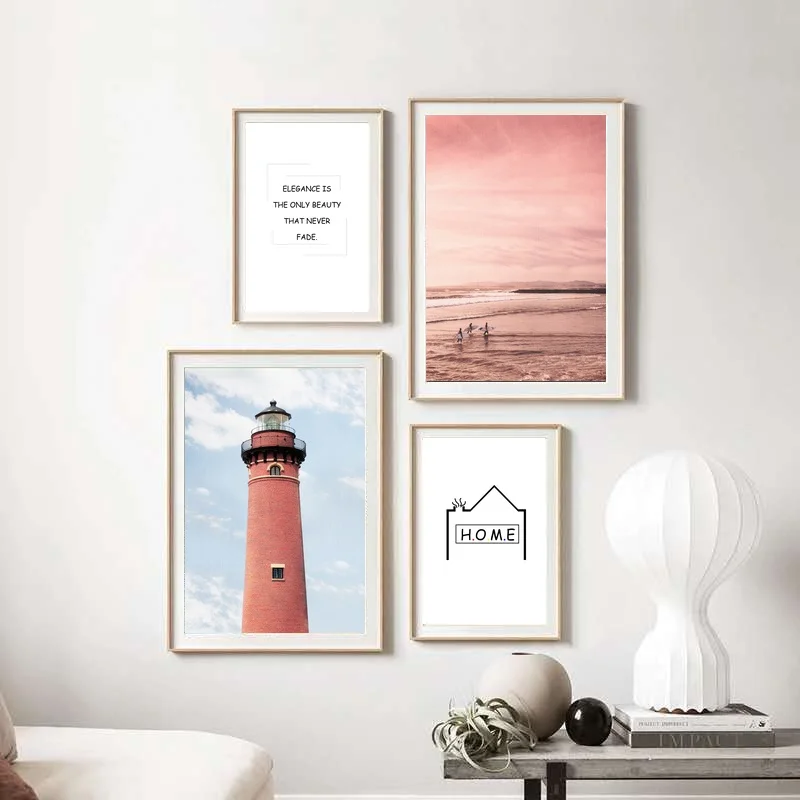 Red lighthouse poster Pink beach canvas painting wall art and pink landscape for kids baby room home decor without frame | Дом и сад