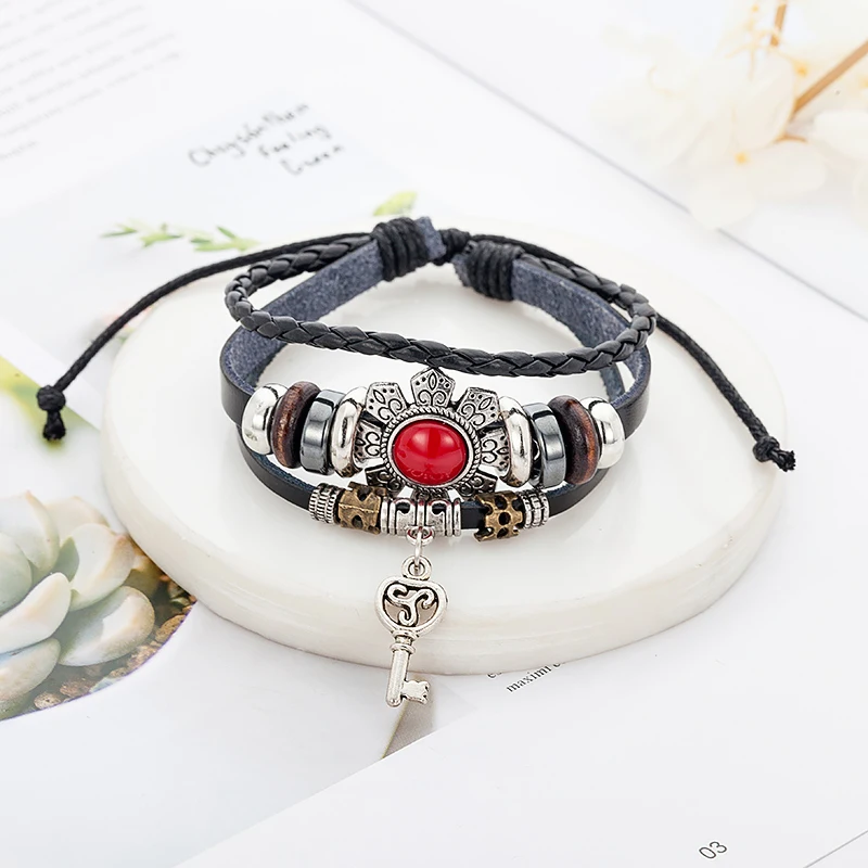 Hot Selling Vintage Leather Jewelry For Men Cheap Price Handmade Metal Key Charm Bracelet Trendy Bohemia Red Stones | Украшения и