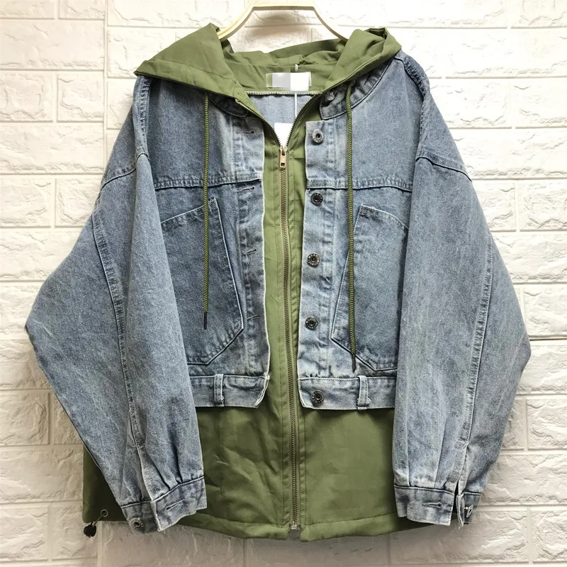 Джинсовая куртка женская весна 2019 корейские короткие Лоскутные с капюшоном