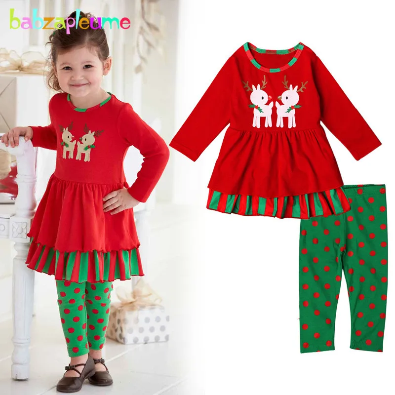 

2Piece/2-6Years/Christmas Baby Girls Outfits Clothing Sets Cartoon Deer T-shirt+Dot Pants Kids Tracksuit Children Clothes BC1092