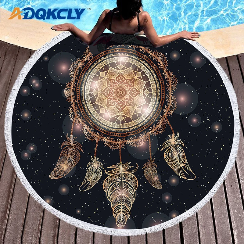 ADQKCLY Ловец снов круглое пляжное полотенце из микрофибры перо с кисточками банное