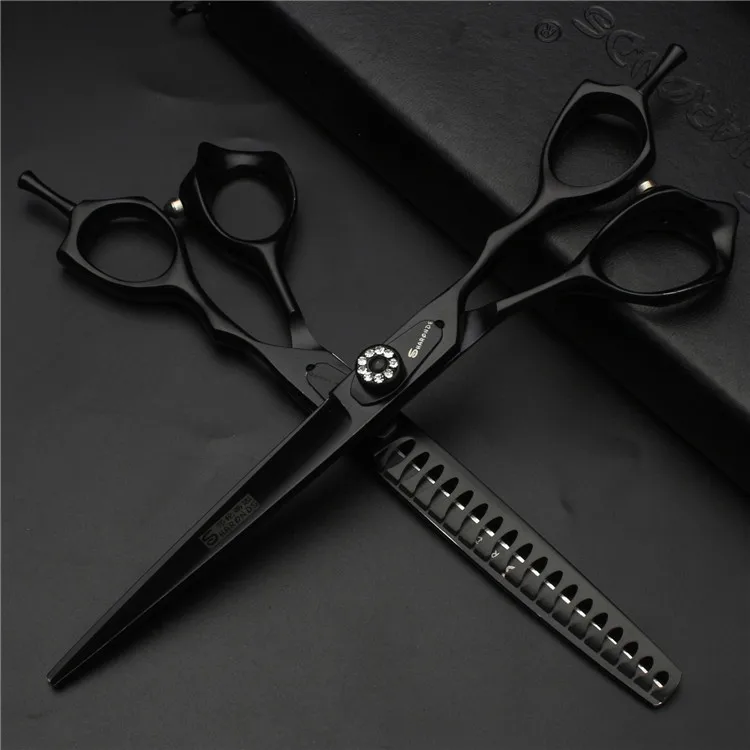 black 2PCS 7 дюймов фиолетовый дракон собака Уход Ножницы Набор Собака Ножницы Профессиональные изогнутые ножницы для резки Истончение makas tijeras - Цвет: black 2PCS