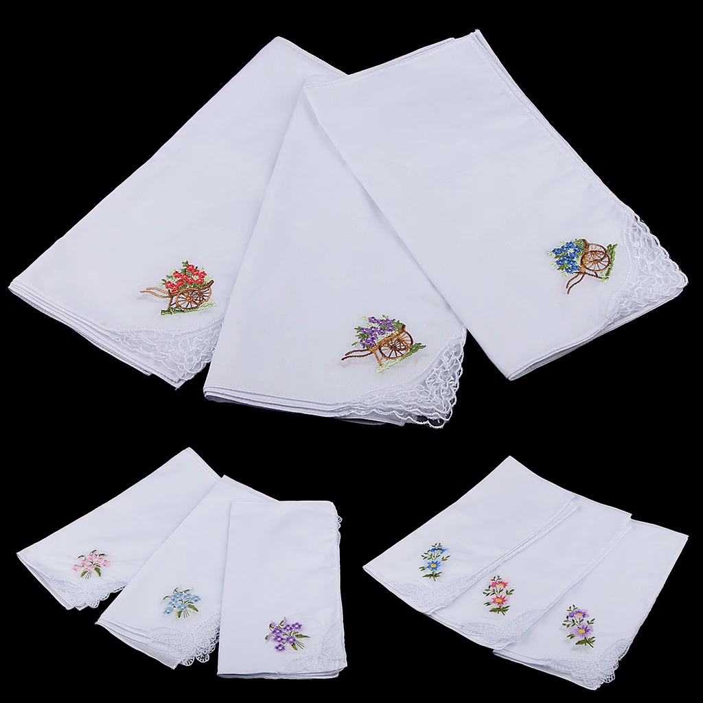 

Pack of 12 Flower Embroidery 100% Cotton Handkerchiefs Comfy Pocket Hanky Square Handkerchiefs for Women White