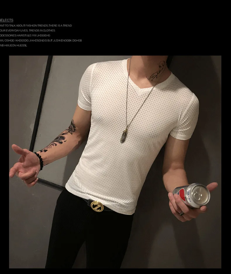 Летняя Повседневная Однотонная футболка с короткими рукавами Hombre, модная брендовая уличная одежда, полупрозрачная Сетчатая футболка с коротким рукавом, Мужская футболка