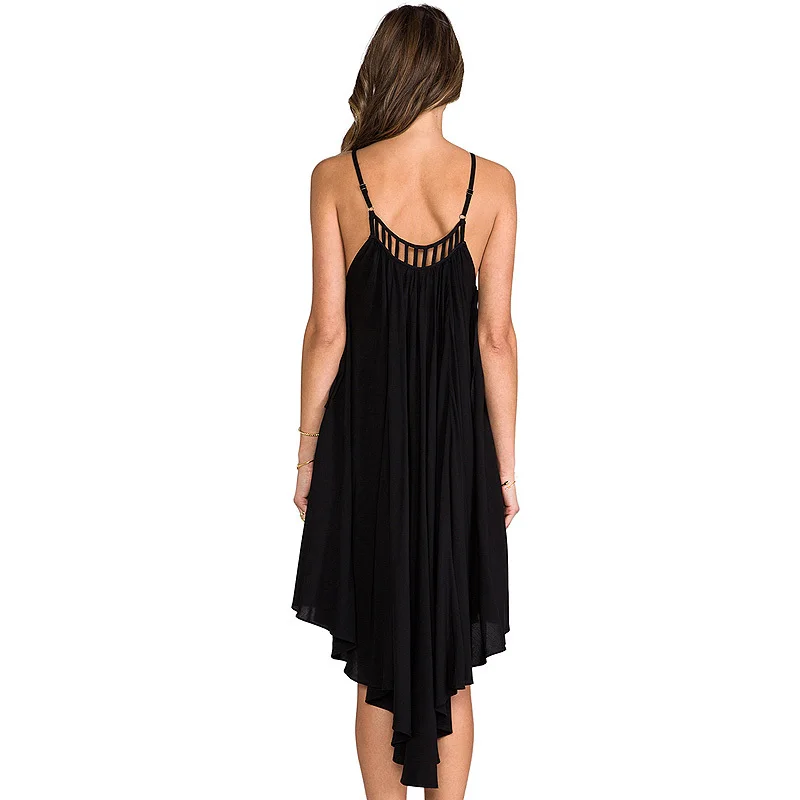 2015 New Black Sexy Chiffon Backless Straps Women Knee length Dress Summer Plus size Brand Irregular Asymmetric Dresses C379 | Женская