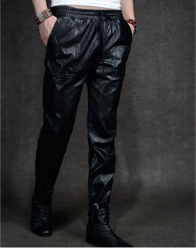 Black routine S~ 5XL Новые мужские повседневные кожаные штаны, мужские шаровары, удобные мотоциклетные штаны маленького размера плюс, штаны из искусственной кожи - Цвет: Black routine