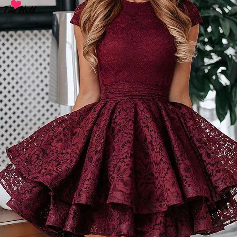 burgundy TaoHill кружевное коктейльное платье с аппликацией розовое короткое выпускное коктейльное вечернее платье платья с рукавами-крылышками Vestidos De Coctel Robe - Цвет: burgundy