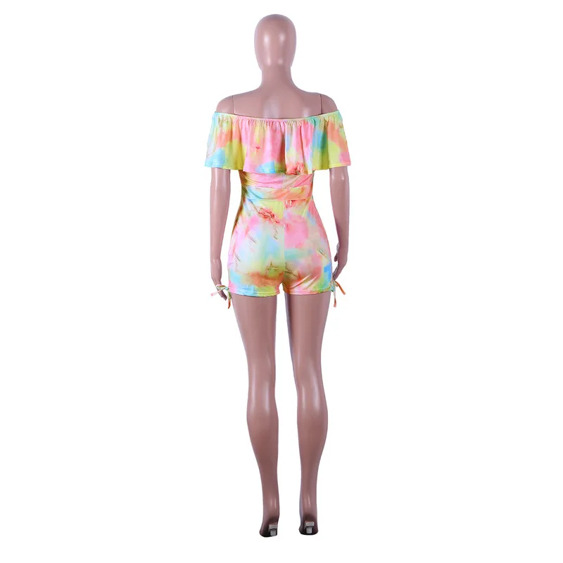 Сексуальный бандажный комбинезон с принтом Tie Dye, женский пляжный короткий комбинезон с вырезом лодочкой и рюшами на рукавах, Летний комбинезон с открытой спиной размера плюс, обтягивающий комбинезон