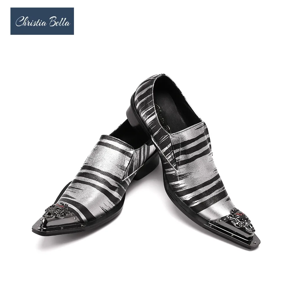 

Модельные мужские туфли Christia Bella, с металлическим железным острым носком, с принтом зебры, из натуральной кожи, мужские туфли, итальянские деловые туфли-оксфорды