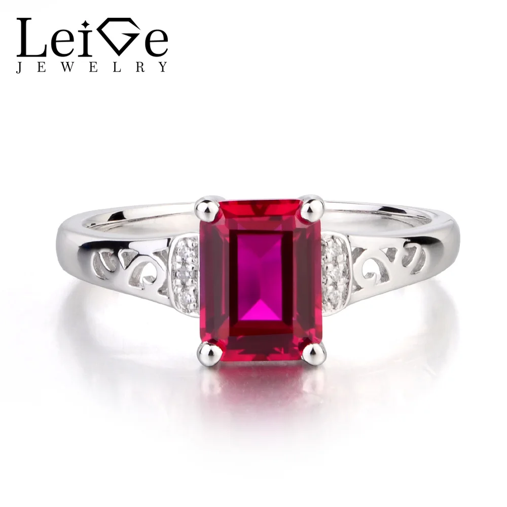 

Leige Jewelry Wedding Rings Lab Red Ruby Ring Emerald Cut Gemstone 925 Sterling Silver July Birthstone Romantic Gifts for Women
