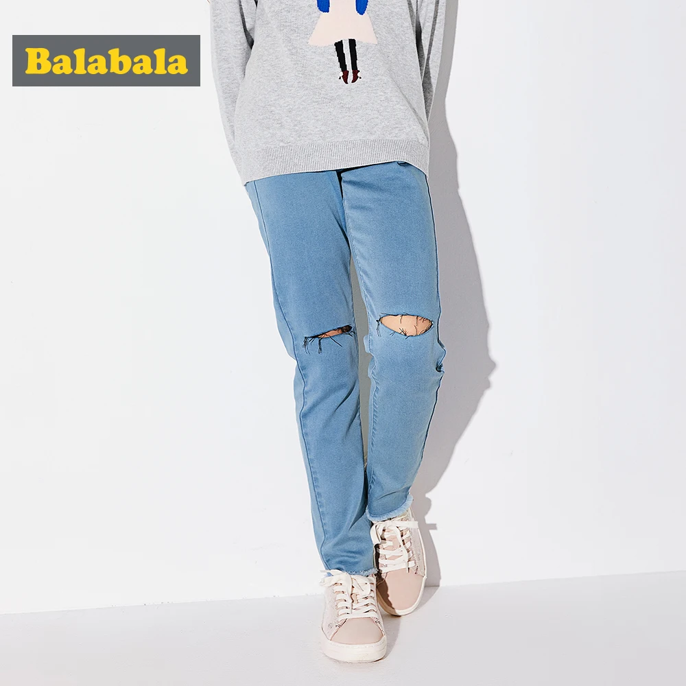 Balabala/рваные джинсы для девочек потертые девочек-подростков прямого кроя с