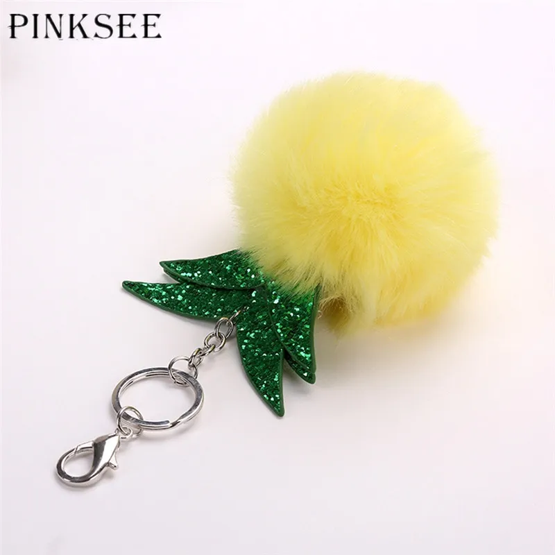 Pinksee ананас мех мяч брелок пом пушистый брелки помпон автомобиль Для женщин сумка