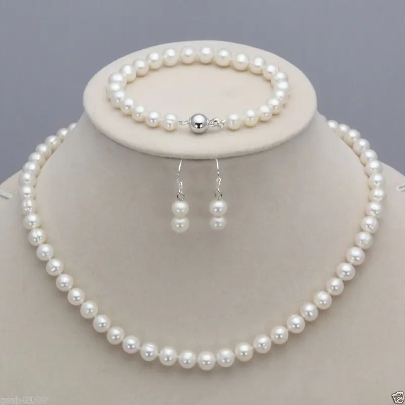 Настоящее 7-8 мм натуральный белый Akoya культивированный жемчуг ожерелье браслет