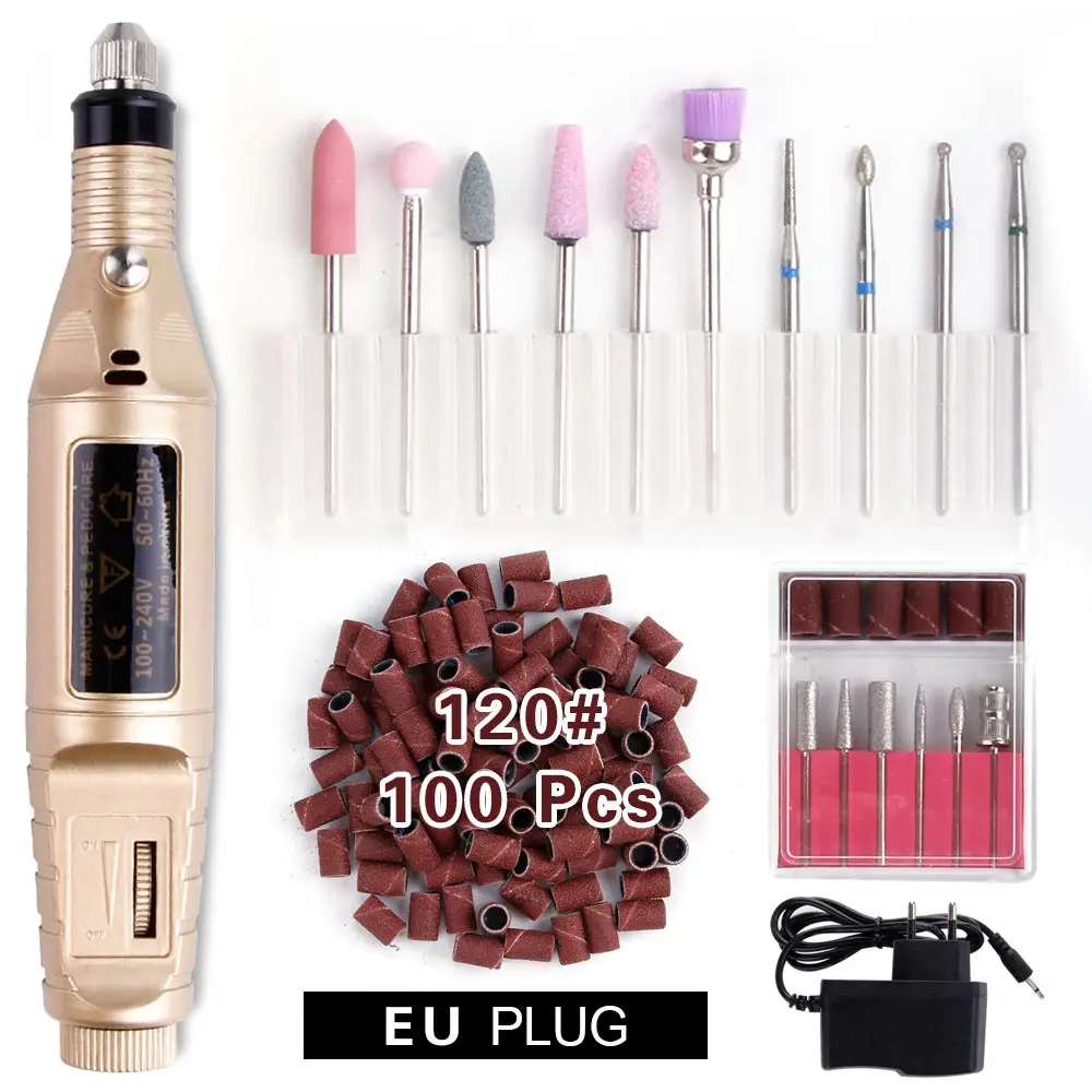 Gold Set 120 Электрический Маникюрный станок, набор сверл для ногтей, фрезерный керамический алмазный резак, роторные заусенцы, аппарат для педикюра, кутикулы, искусство - Цвет: Gold Set 120