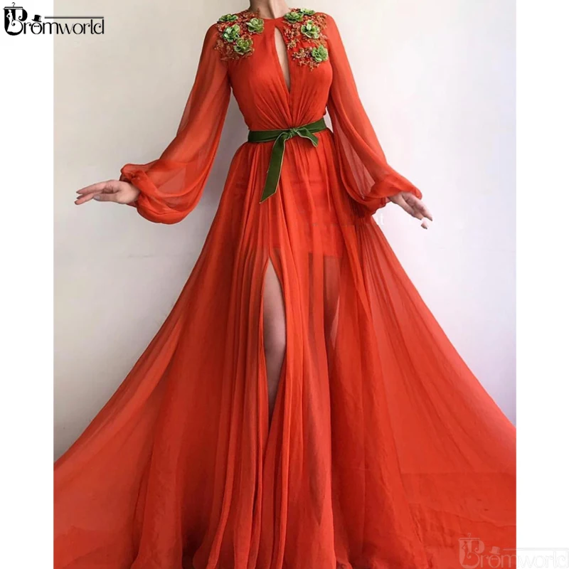 Оранжевые мусульманские Вечерние платья с разрезом шифоновое платье А-силуэта