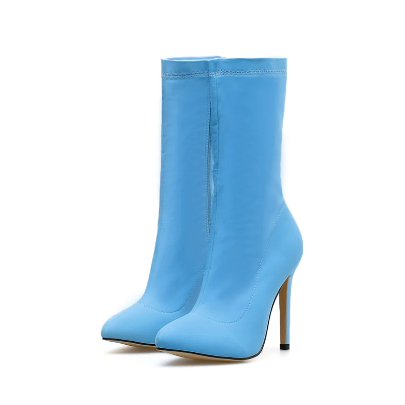 Blue Silk Г., женские сапоги на высоком каблуке 11 см сапоги до середины икры на квадратном каблуке неонового цвета осенне-зимняя роскошная дизайнерская обувь на не сужающемся книзу массивном каблуке - Цвет: Blue Silk