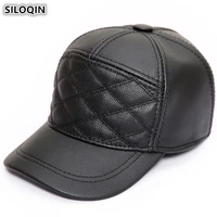 siloqin new autumn winter mens genuine leather hat warm cowhide baseball caps with ears adjustable size brands cap for men