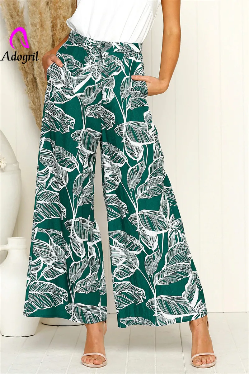 

Брюки женские длинные с широкими штанинами, повседневные плиссированные штаны с эластичным поясом и принтом листьев, с завышенной талией