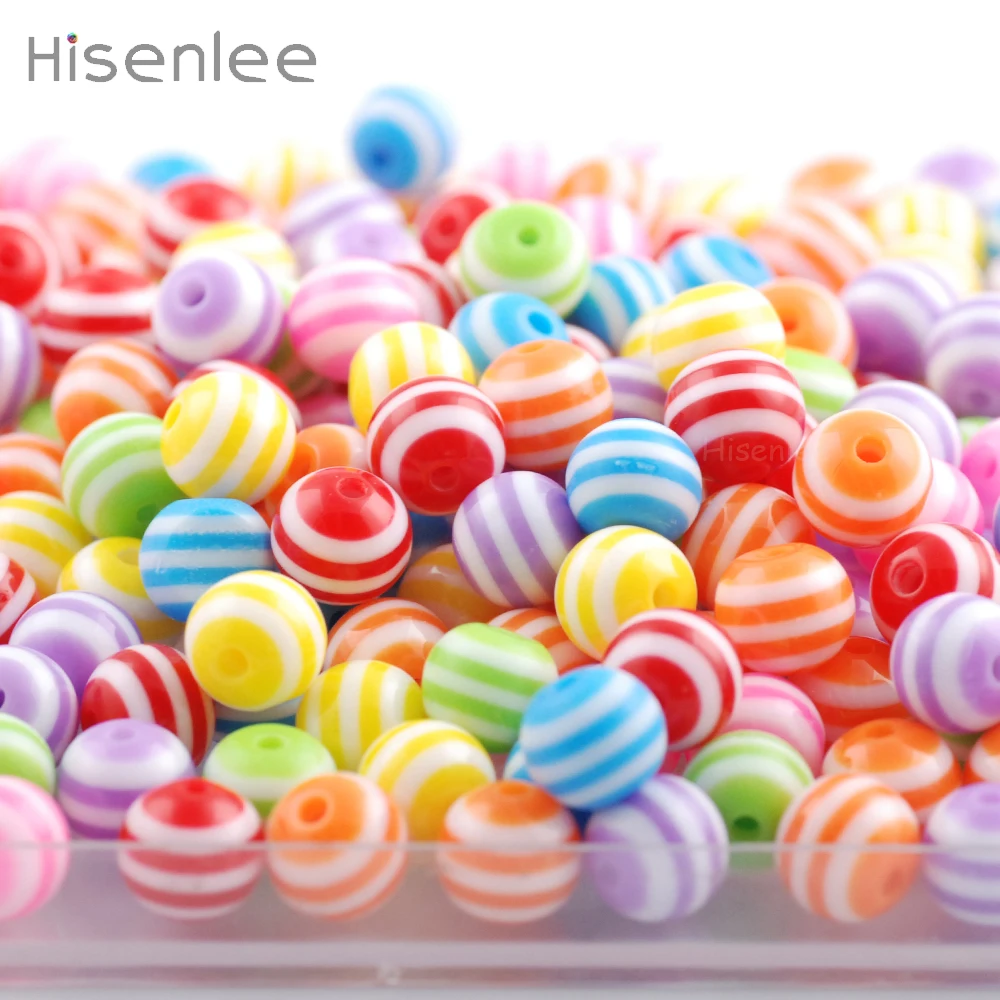 Hisenlee, высокое качество, 8 мм/10 мм, 100 шт/упаковка, разноцветные Круглые бусины в полоску, бусины для изготовления браслетов своими руками