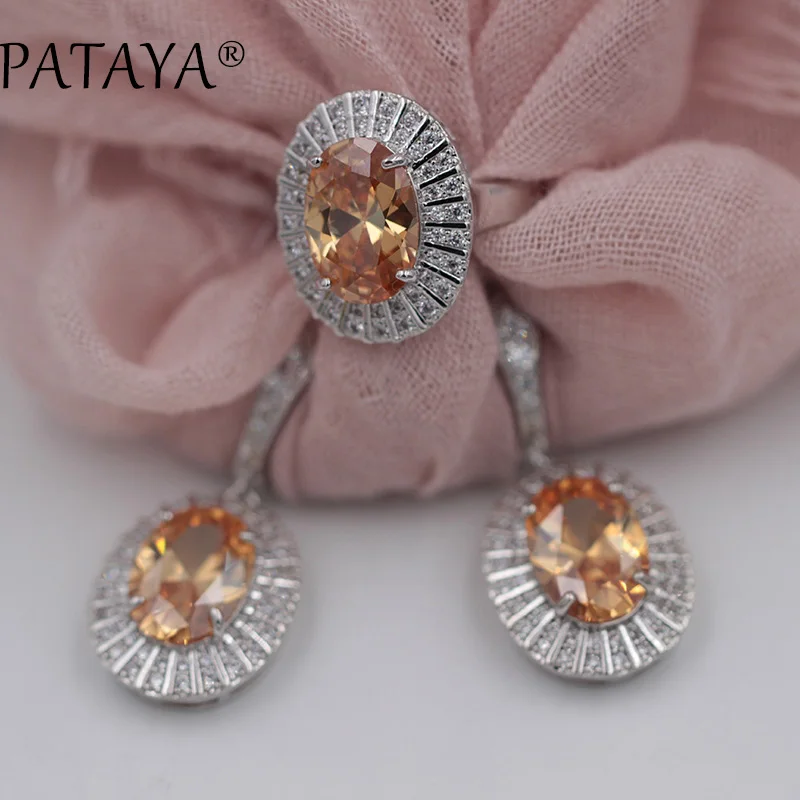 PATAYA, новинка, Овальный гранат, красный Природный Цирконий, большие серьги, наборы колец, Настоящее Белое золото, ювелирные изделия для женщин, Свадебный Модный комплект украшений - Окраска металла: yellow