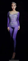 purple rhinestone long sleeves jumpsuit headdress outfit birthday party celebrate women dance bodysuit leggings outfit