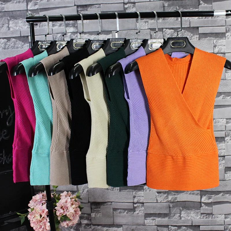 2017 Корейская женская трикотажная жилетка с треугольным вырезом короткий
