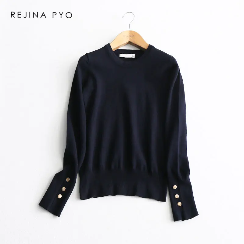 BIAORUINA Women Solid Basic Casual O-neck Knitted Sweater Mental Buttons Decoration Female All-match Everyday Pullovers | Женская одежда