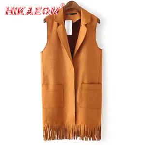 Распродажа, жилет с кисточками, женские замшевые жилеты с отложным воротником, заводская цена, Европейский женский зимний жилет, оптовая продажа, однотонный жилет с бахромой