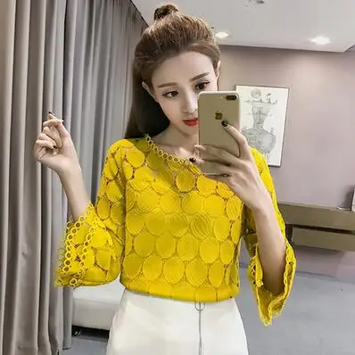 Yellow Кружевные блузы, рубашки, новая осенняя Корейская женская одежда с расклешенными рукавами и круглым вырезом, женские топы абрикосового и белого цвета T7O009A - Цвет: Yellow