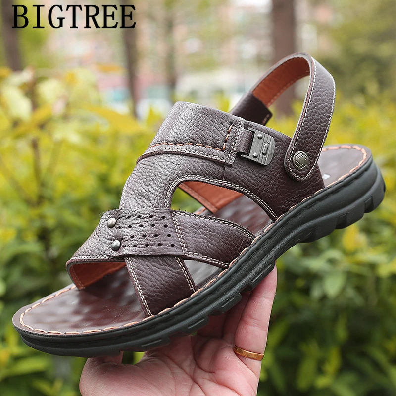 Пляжные сандалии мужские из натуральной кожи Летняя мужская обувь + hombre sepatu pria heren