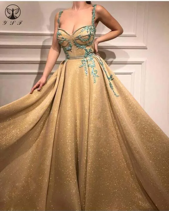 

Модные золотистые Выпускные платья до пола без рукавов на тонких бретельках с аппликацией из бисера 2019