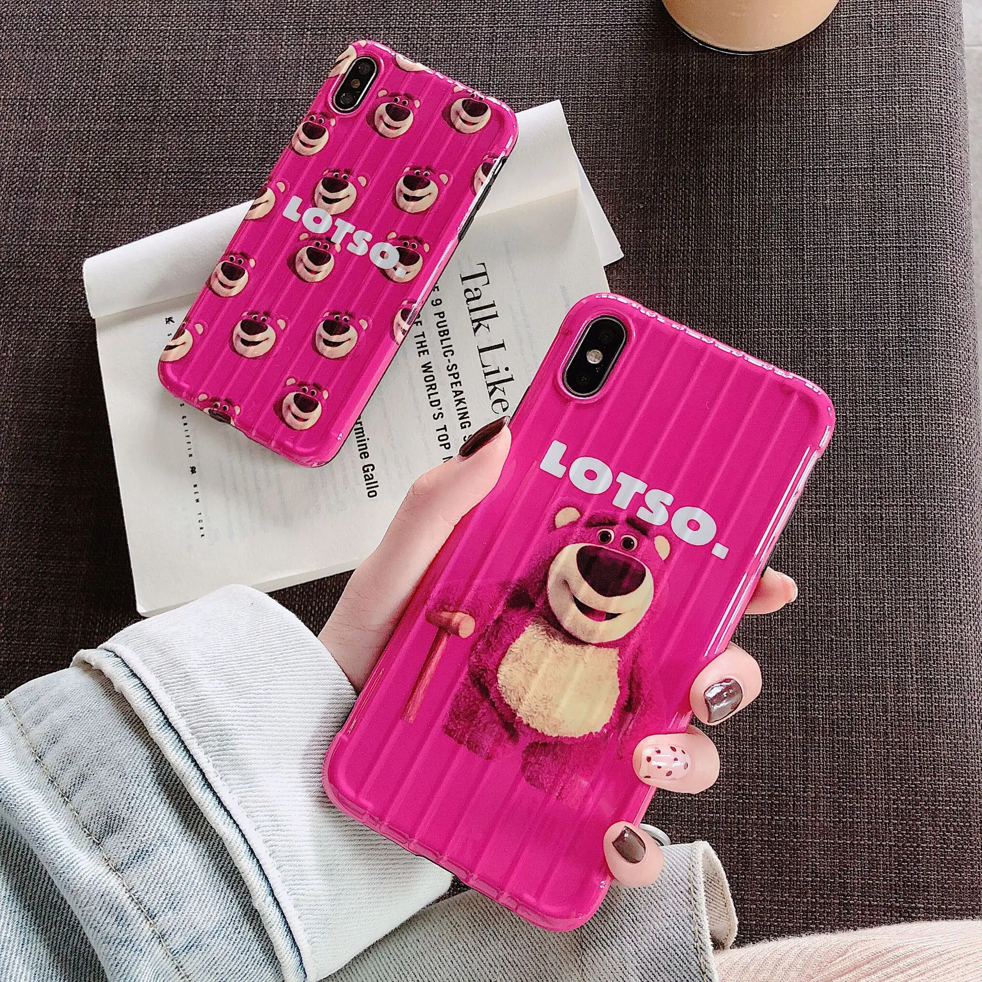 Luxury Glossy IMD Soft Silicone Cover for iPhone case 7 8 Plus X 10 XS Max XR 6 6S Cute Cartoon Strawberry bear Hot Pink Let go |