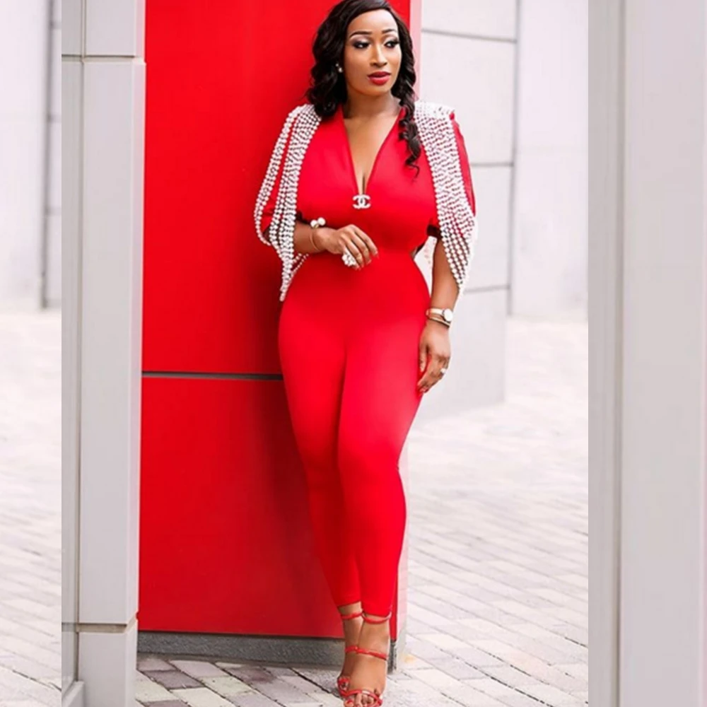 Женский комбинезон с коротким рукавом элегантный красный бандажный V-образным