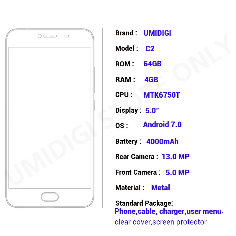 Original UMIDIGI C2 Brand Smartphone MTK6750T Octa-core Multi Touch Cell Phone 5.0" 64GB ROM Global Firmware | Мобильные