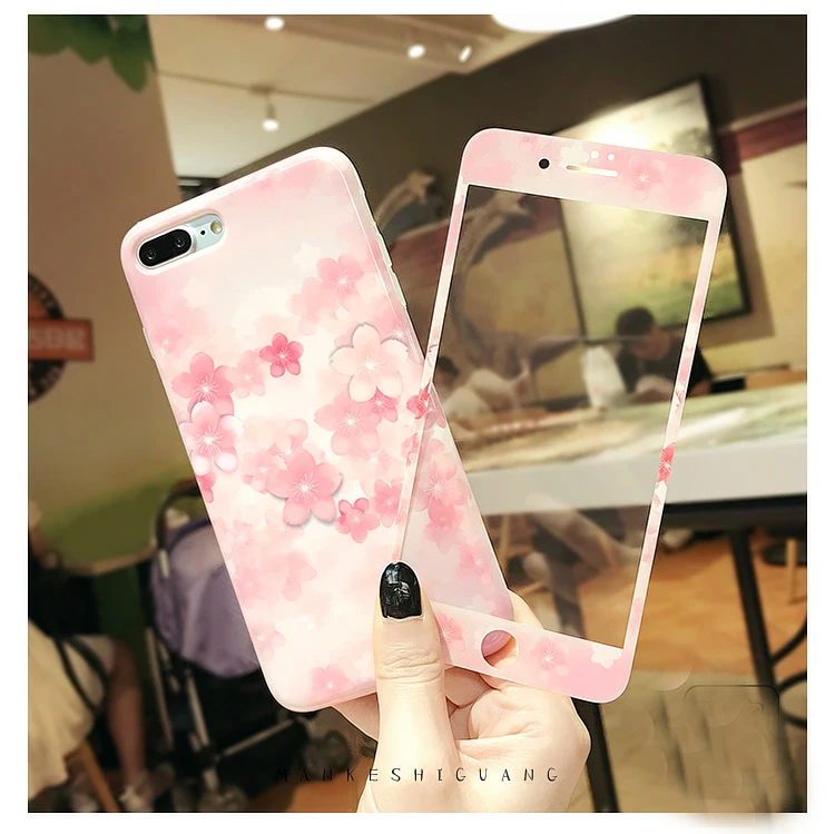 For iphone 8 8Plus case blossom Soft Cover + Tempered Glass Screen Flim for iPhone 6 6S 6sPlus 7 7plus Sakura Cat |